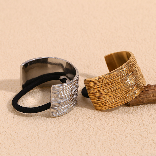 Elegant and unique creative hair tie, stainless steel, 18K gold plated, wide, irregular, finely textured, semi-circular hair tie
