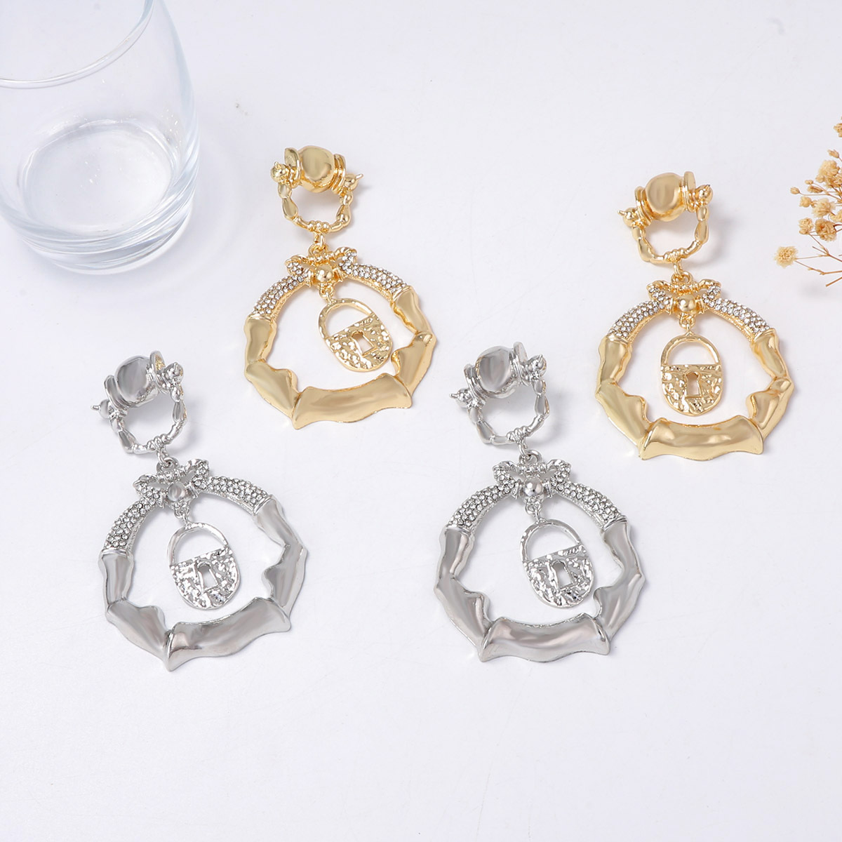 European and style light luxury retro creative design alloy keyhole micro-inlaid zircon exaggerated earrings for women