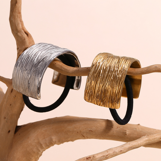 Elegant and unique creative hair tie, stainless steel, 18K gold plated, wide, irregular, finely textured, semi-circular hair tie