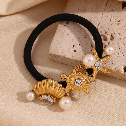 Trendy, niche design, popular and versatile stainless steel hair tie with 18K gold plating, featuring marine animal designs for women.