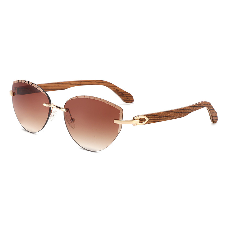 Frameless sunglasses, stylish cat-eye design, lenses cut with wood-paneled temples.