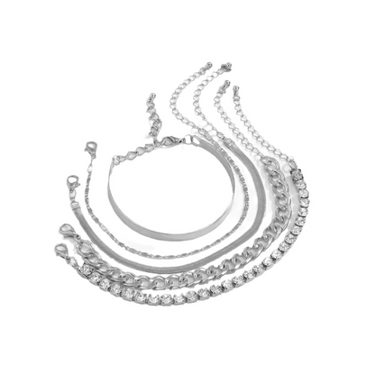 Punk-style, minimalist, and versatile bracelet set – geometric designs with diamond inlays, creating a cool and multi-layered look.
