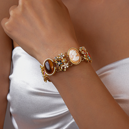 Colored bracelet with resin flower figurine inlaid with diamonds