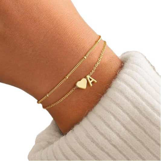 English alphabet bracelet for women, featuring a dual-layer heart-shaped pendant and expressing individuality and charm
