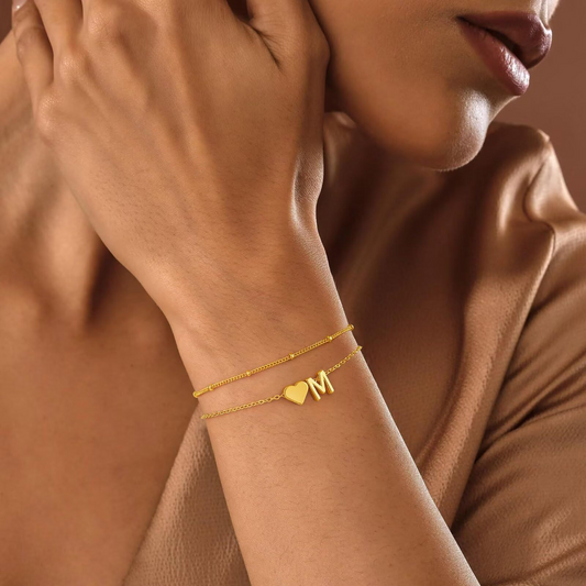 English alphabet bracelet for women, featuring a dual-layer heart-shaped pendant and expressing individuality and charm
