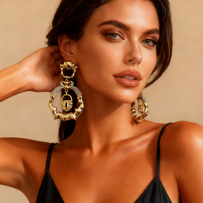 European and  style light luxury retro creative design alloy keyhole micro-inlaid zircon exaggerated earrings for women