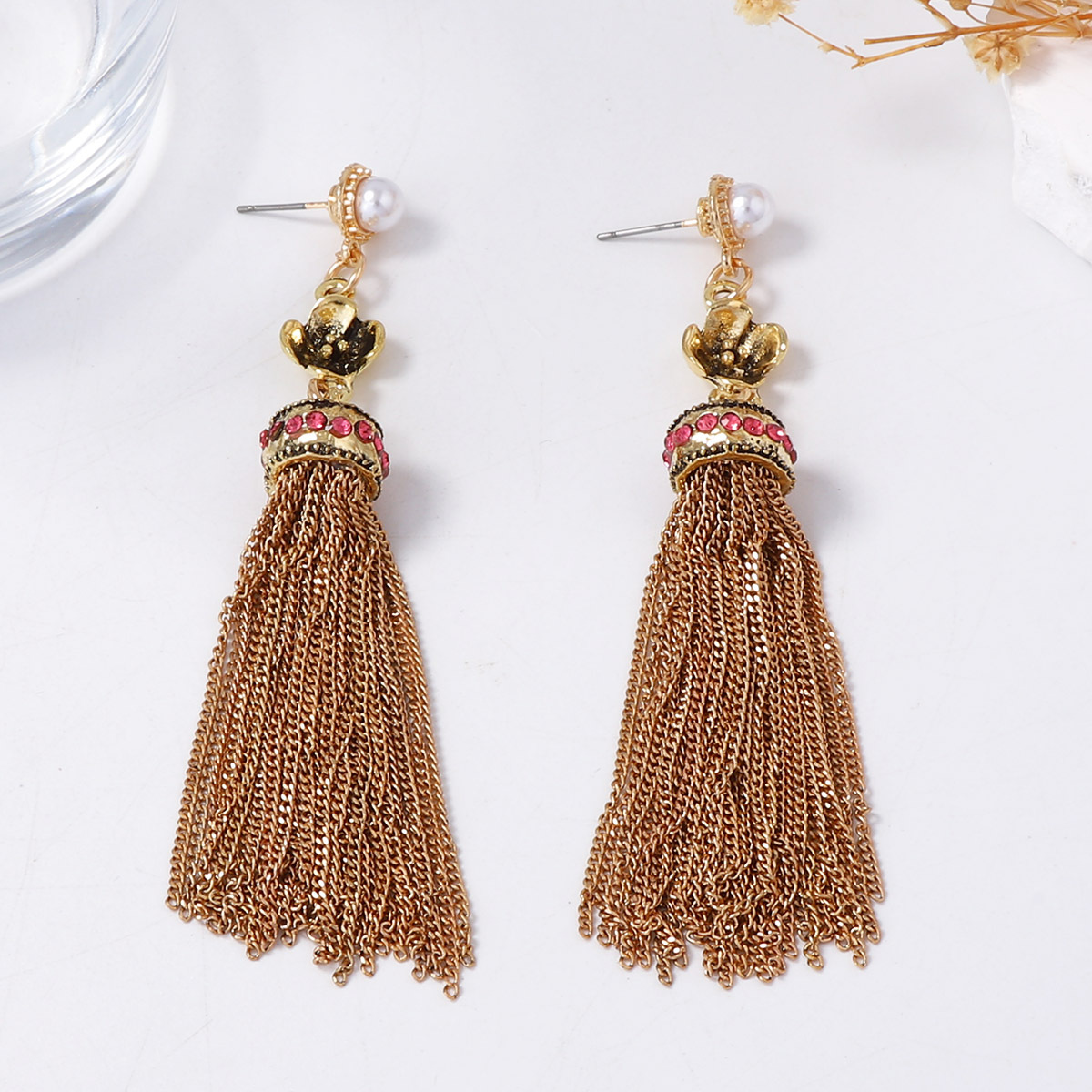 Bohemian trendy and individualistic ethnic style tassel chain pendant geometric zircon earrings, vintage and exquisite
