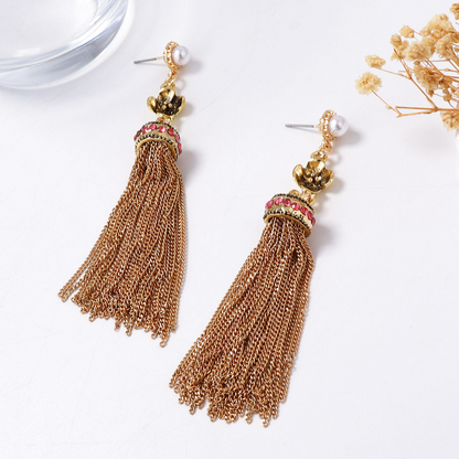 Bohemian trendy and individualistic ethnic style tassel chain pendant geometric zircon earrings, vintage and exquisite