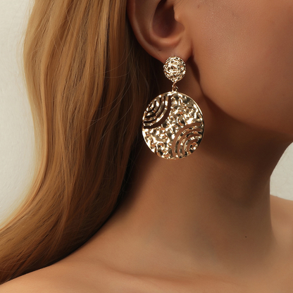 Fashionable round, unique, trendy, openwork, printed, exaggerated large earrings with a high-end feel.