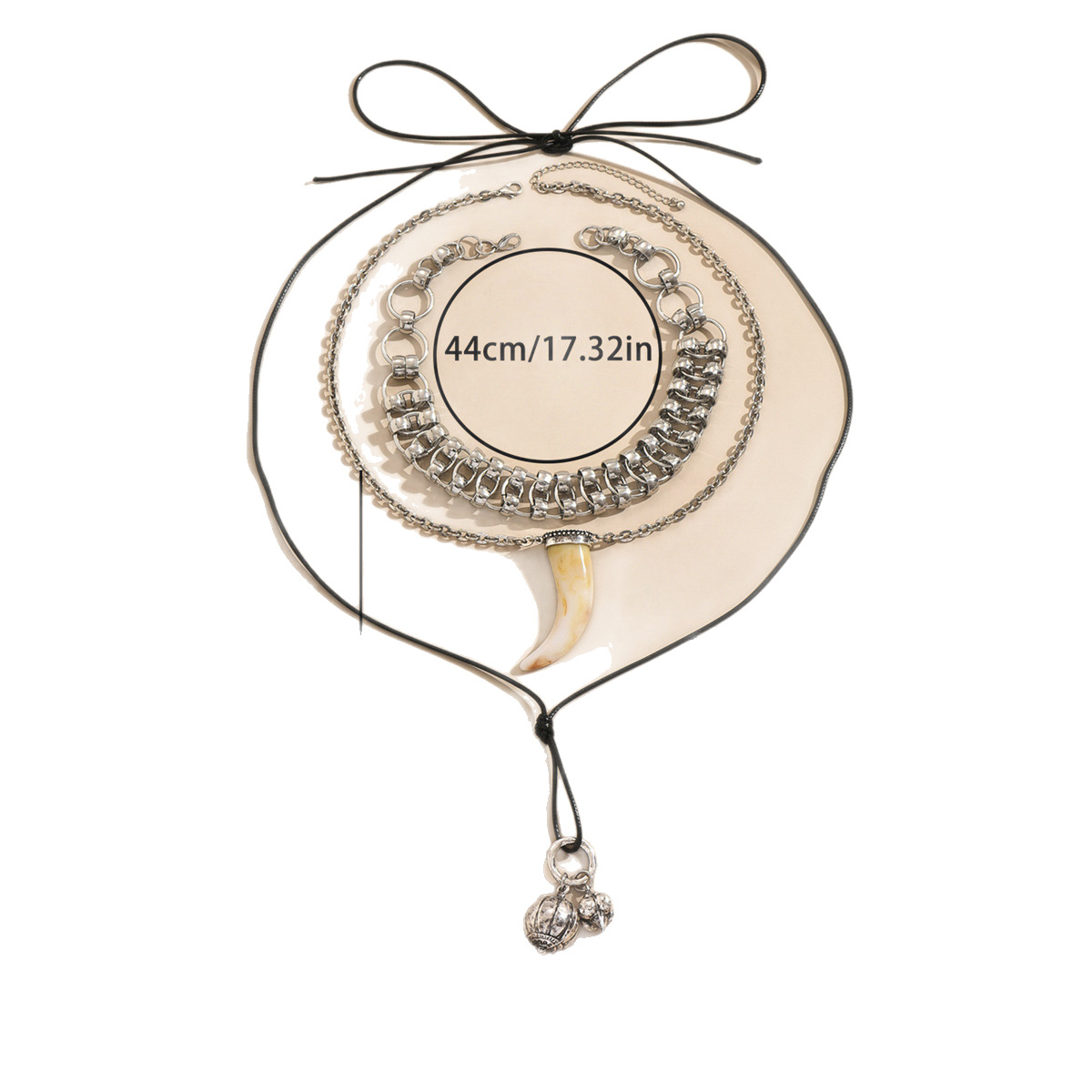 Retro-style multi-layered chain necklace for women, trendy clavicle chain with wolf tooth bell pendant.
