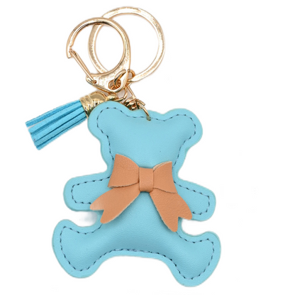 Ribbon-patterned, multicolored bear-shaped PU leather keychain with padded interior