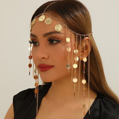 New European and  style trendy gold headdress with coin-shaped metal sequins and tassels for women.