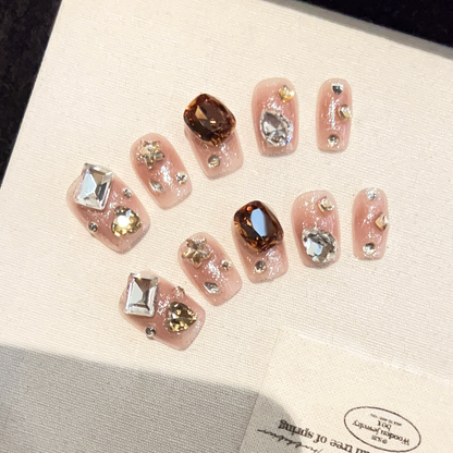 Flashy blush, nail art, versatile magic mirror-style pink diamond nail inserts