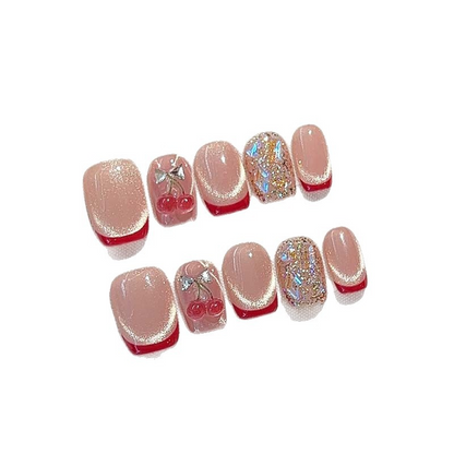 Cat-eye short-style diamond-studded nail set, fresh and fair-toning to wear