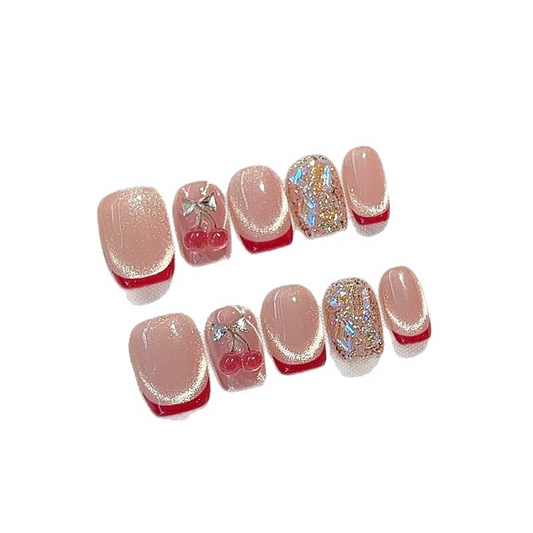 Cat-eye short-style diamond-studded nail set, fresh and fair-toning to wear