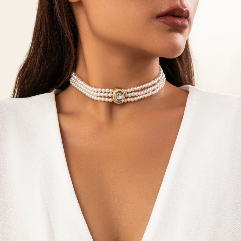 Luxury Short Faux Pearl Choker Necklace with Turquoise Beads - Vintage Ethnic Style