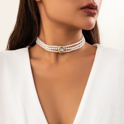 Luxury Short Faux Pearl Choker Necklace with Turquoise Beads - Vintage Ethnic Style