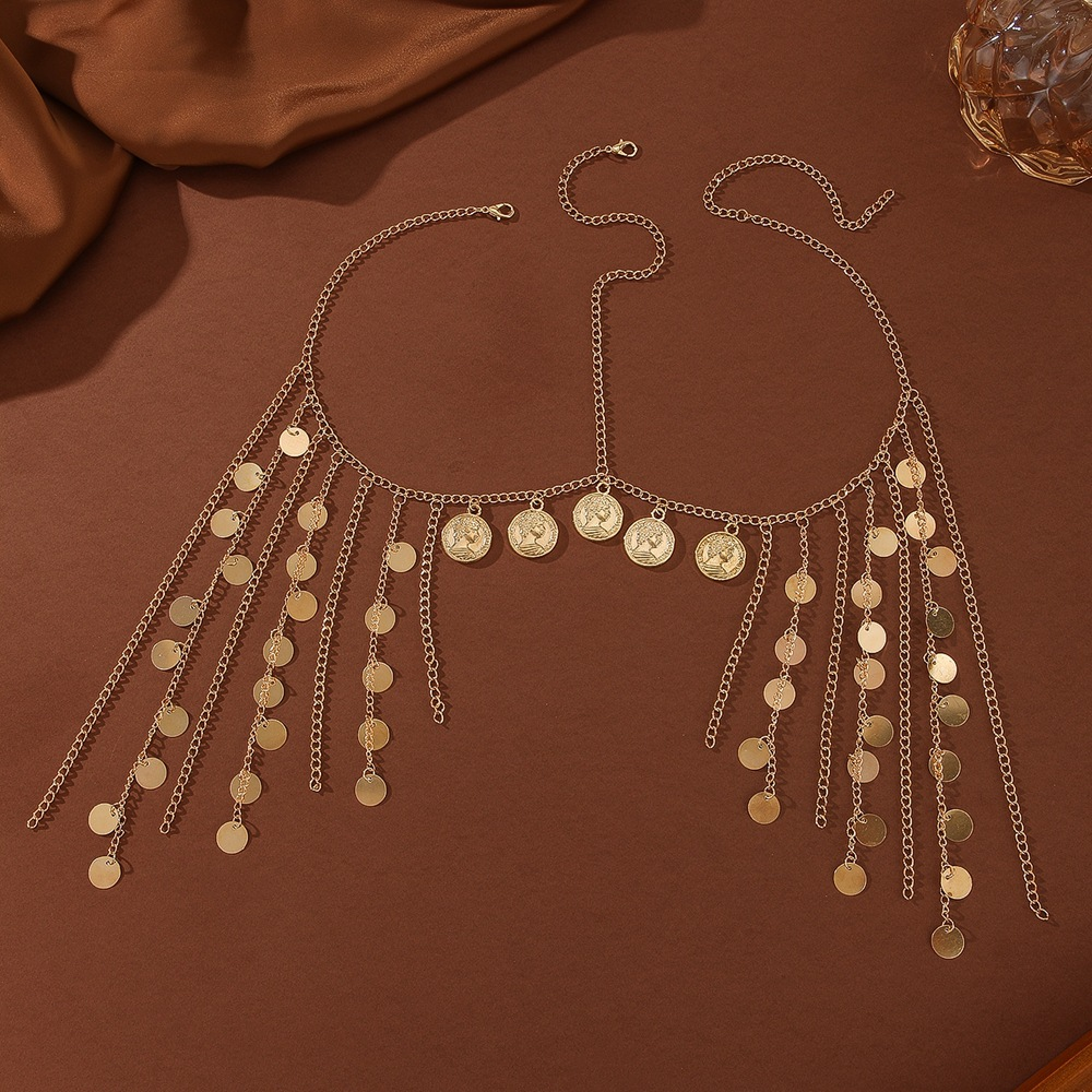 New European and  style trendy gold headdress with coin-shaped metal sequins and tassels for women.