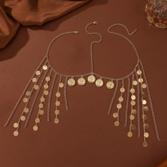 New European and  style trendy gold headdress with coin-shaped metal sequins and tassels for women.