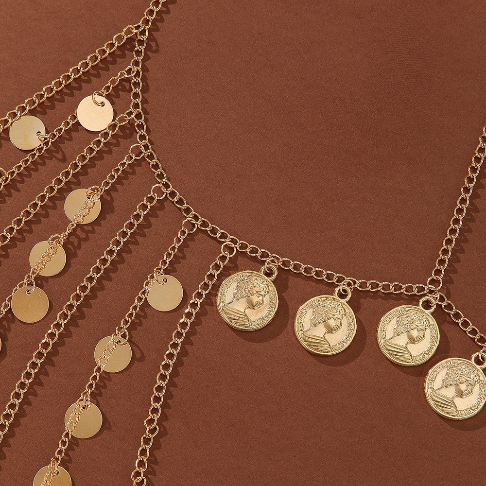 New European and  style trendy gold headdress with coin-shaped metal sequins and tassels for women.