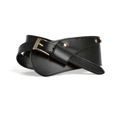 A stylish women's belt that can be worn in various ways – a leather belt with a narrow waistband that can be draped diagonally over a coat with a wide waistband.