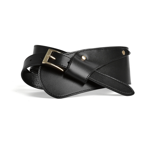 A stylish women's belt that can be worn in various ways – a leather belt with a narrow waistband that can be draped diagonally over a coat with a wide waistband.