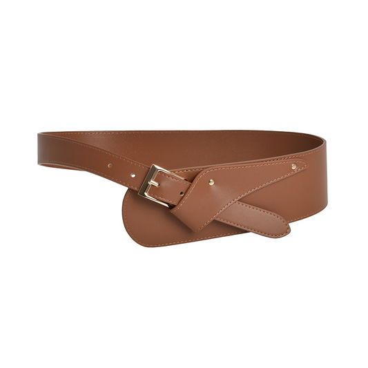 A stylish women's belt that can be worn in various ways – a leather belt with a narrow waistband that can be draped diagonally over a coat with a wide waistband.