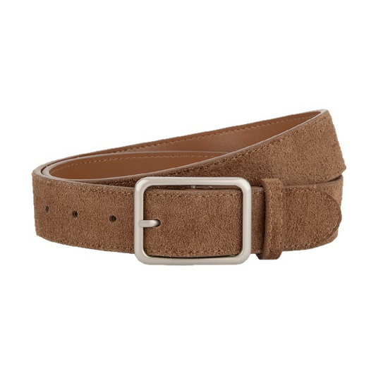 Simple, silver-colored pin buckle, matte velvet finish – a versatile leather women’s belt.