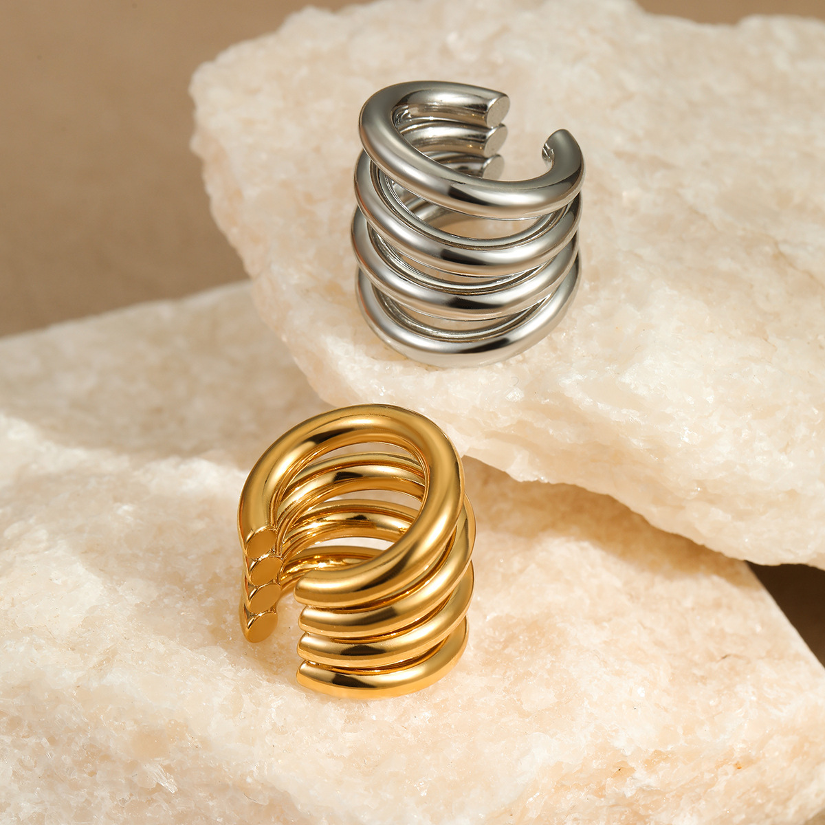 Minimalist C-shaped ear clips for pierced ears, multi-layered fashionable stainless steel earrings
