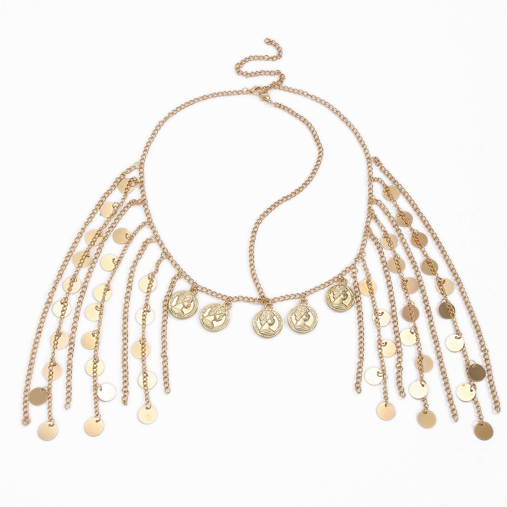 New European and  style trendy gold headdress with coin-shaped metal sequins and tassels for women.