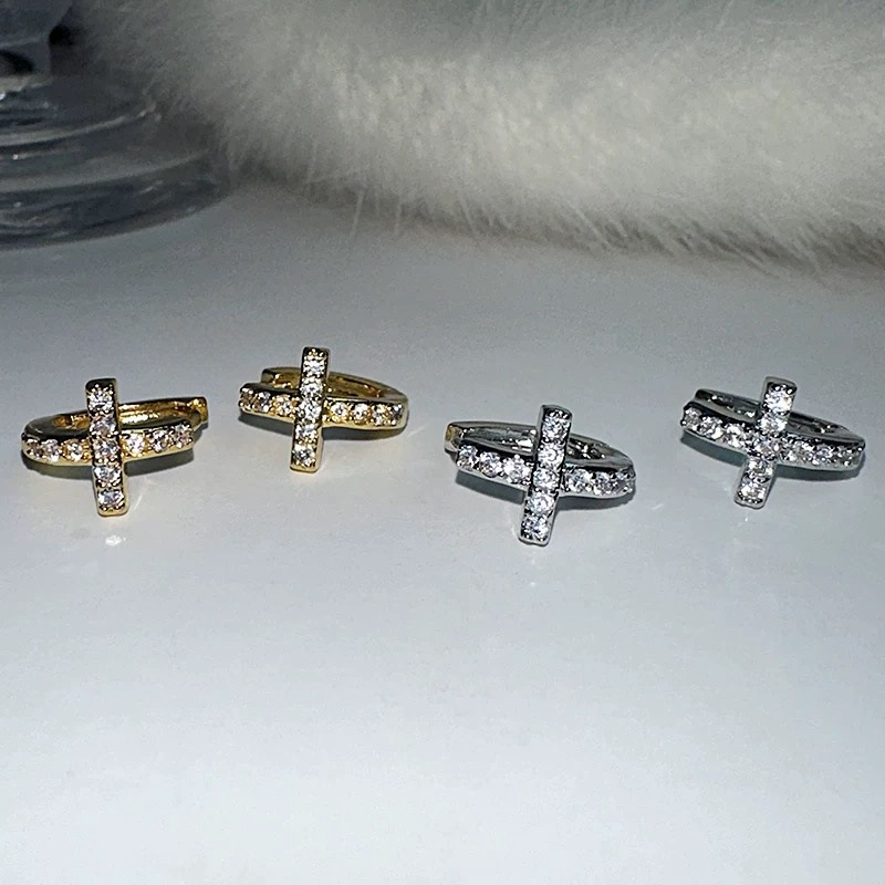 Sterling silver gold-plated sparkling diamond-encrusted mini cross earrings, unique  style versatile earrings for women.