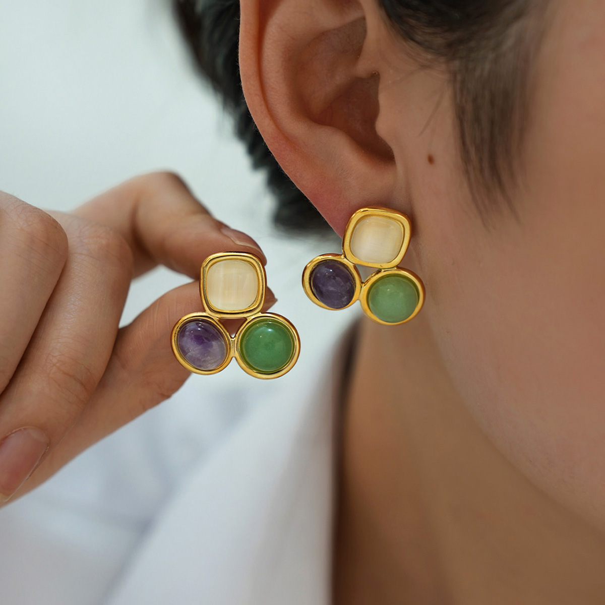 18K natural stone stud earrings, simple, unique, and stylish design for women.