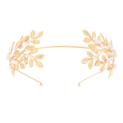 European and  style bridal pearl and leaf headband, gold leaf hair clip, bracelet, earrings, armband set
