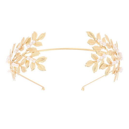 European and  style bridal pearl and leaf headband, gold leaf hair clip, bracelet, earrings, armband set