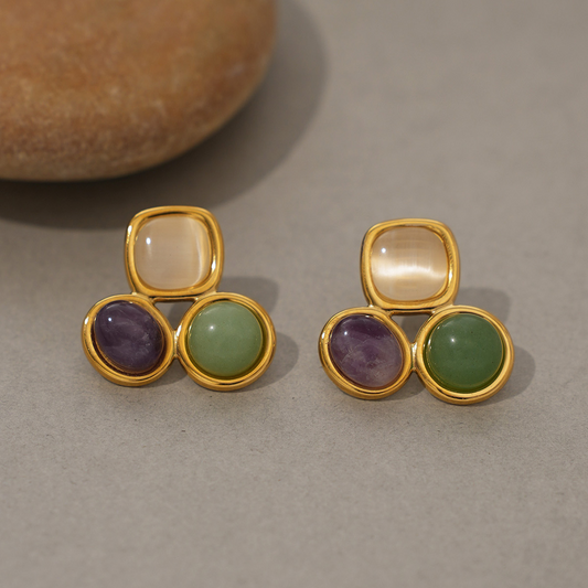 18K natural stone stud earrings, simple, unique, and stylish design for women.