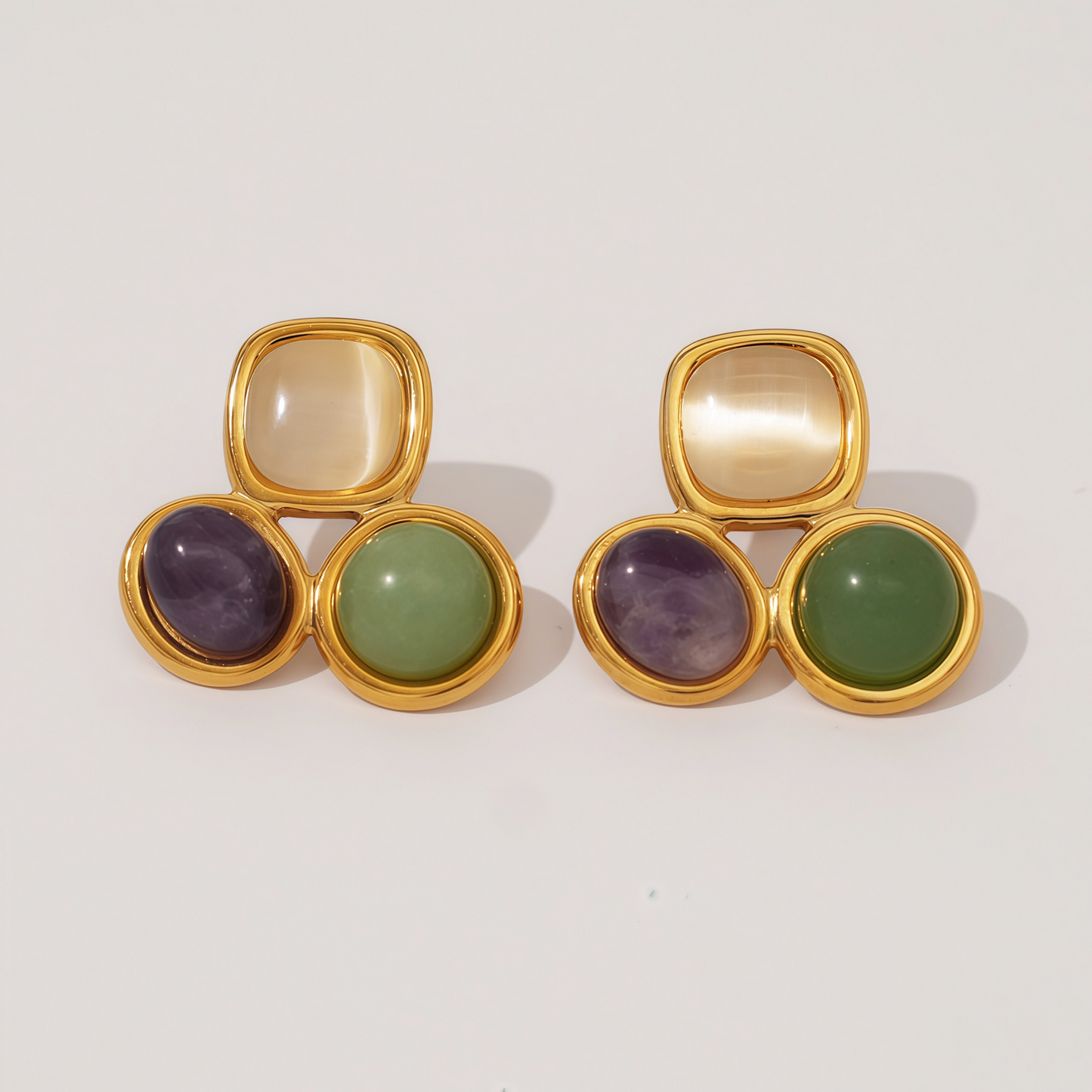 18K natural stone stud earrings, simple, unique, and stylish design for women.