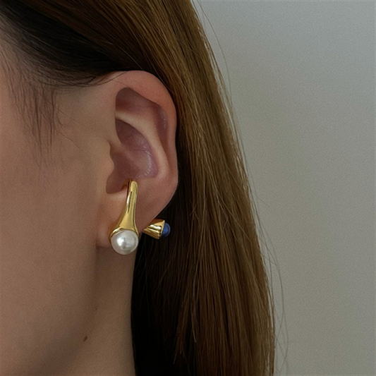 High-end layered natural stone stud earrings with pearl inlay, fashionable women's earrings, gold-plated for color retention, vintage style.