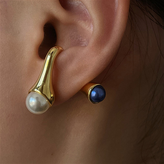 High-end layered natural stone stud earrings with pearl inlay, fashionable women's earrings, gold-plated for color retention, vintage style.