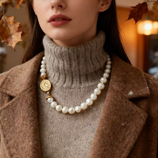 A niche, retro-style gold necklace featuring an embossed moon design, along with natural pearls – a stylish and luxurious accessory for women, ideal for adding an elegant touch to any outfit. Also available as earrings or a collarbone chain.
