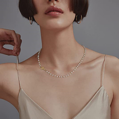 White pearl-inspired necklace, short collar chain for weddings, simple cross pendant – a stylish necklace accessory.
