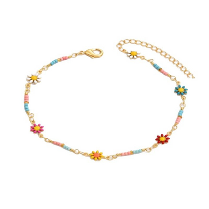 Simple and stylish ankle bracelets for girls during the beach vacation season, made from alloy material and featuring daisy patterns.
