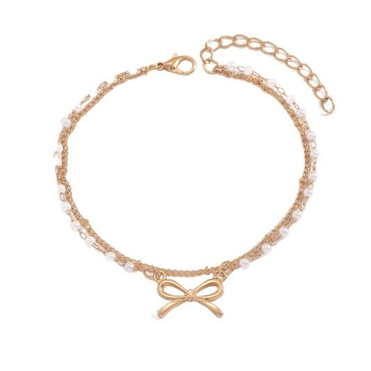 Pearl-inspired bow-shaped bead double-layer ankle chain