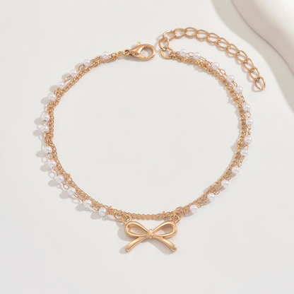 Pearl-inspired bow-shaped bead double-layer ankle chain