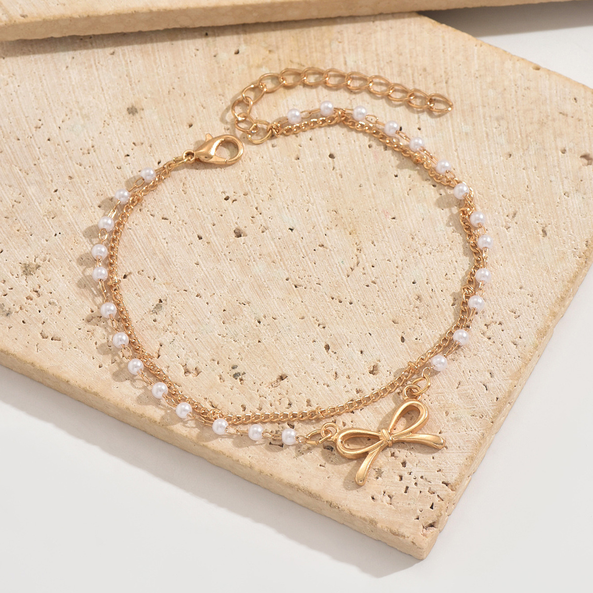Pearl-inspired bow-shaped bead double-layer ankle chain