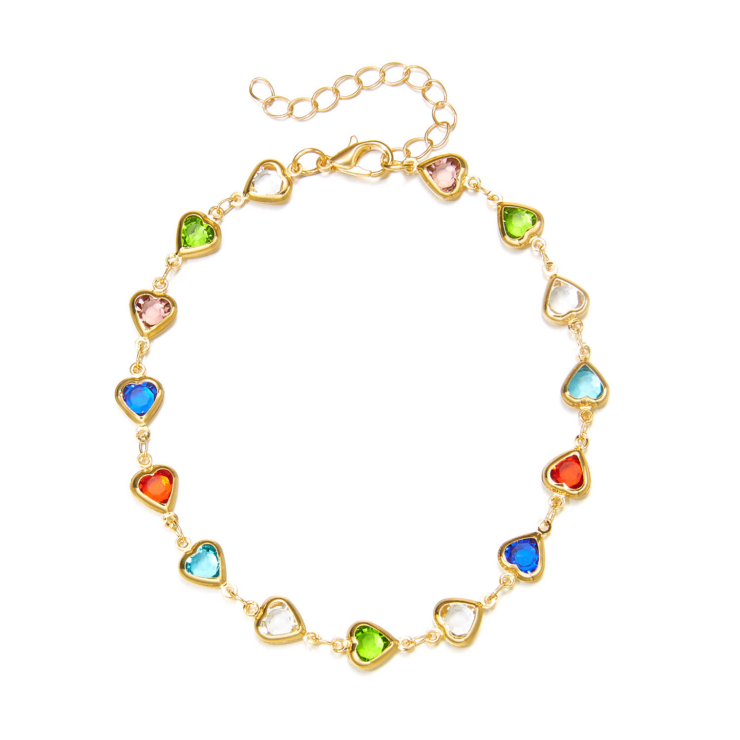 Candy-colored heart-shaped glass bead necklace with diamond embellishments