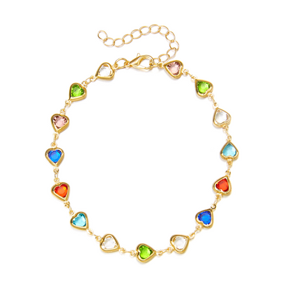 Candy-colored heart-shaped glass bead necklace with diamond embellishments