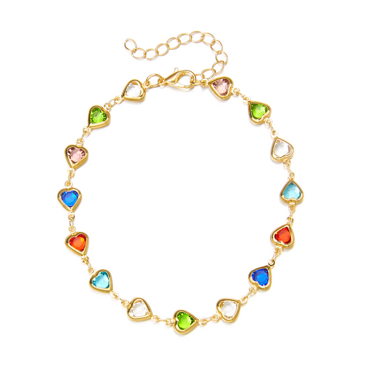 Candy-colored heart-shaped glass bead necklace with diamond embellishments