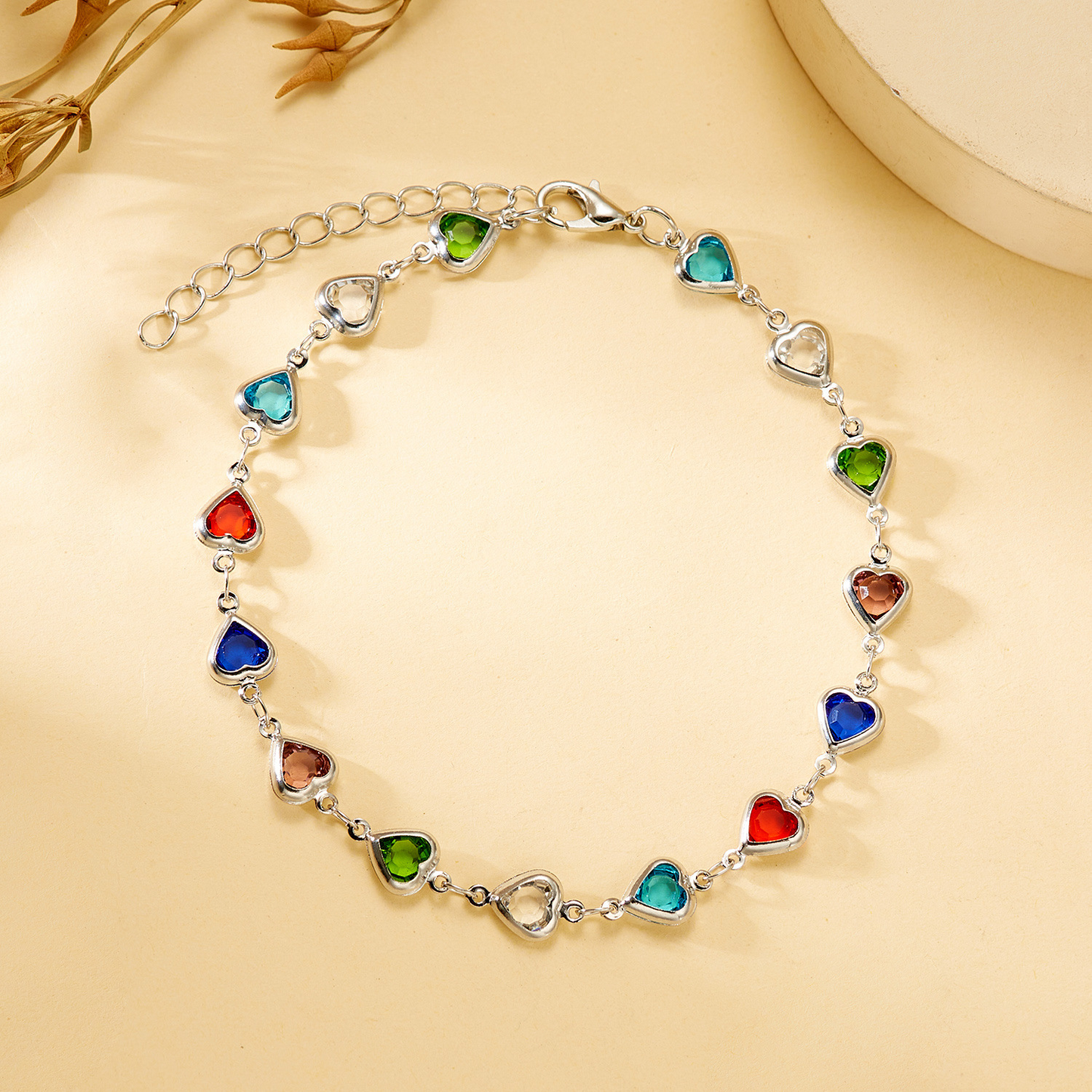 Candy-colored heart-shaped glass bead necklace with diamond embellishments