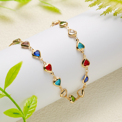 Candy-colored heart-shaped glass bead necklace with diamond embellishments