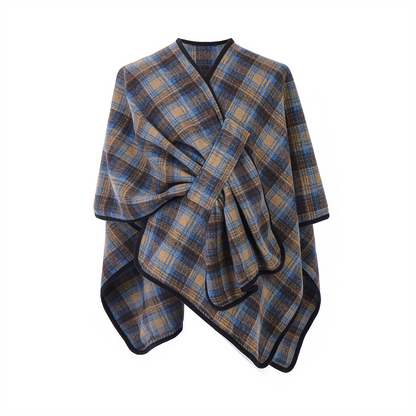 Blue plaid shawl with crossed fastenings